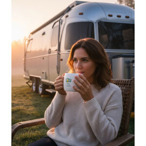 NEW Karma "Happy Camper" Large 16 oz Coffee Tea Cup Mug Retro Whimsical